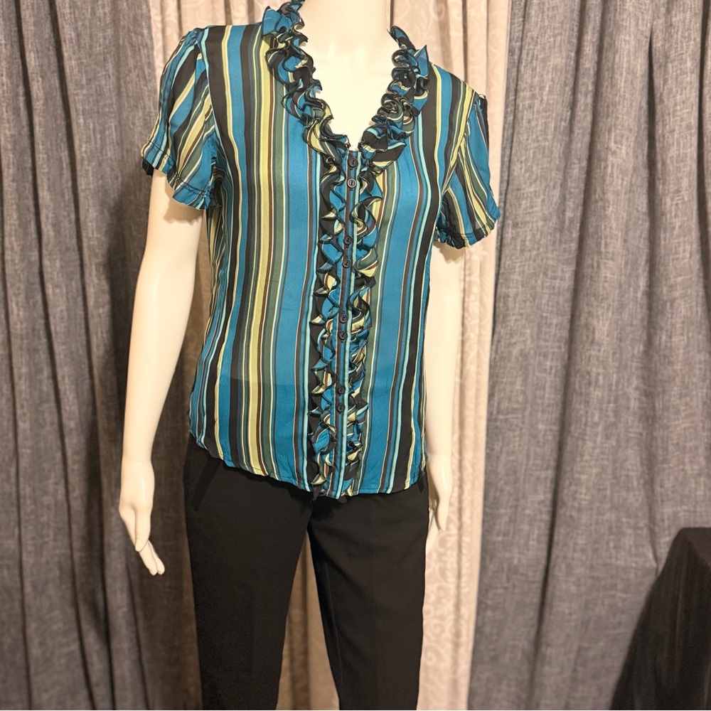 Sunny Leigh Multicolor Blue, Green, and Black Romantic Ruffle Blouse